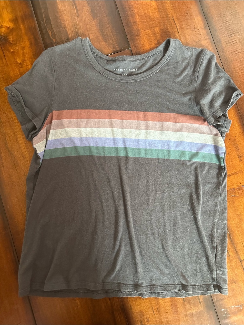 American Eagle Black Tee with Rust and Cream Stripes